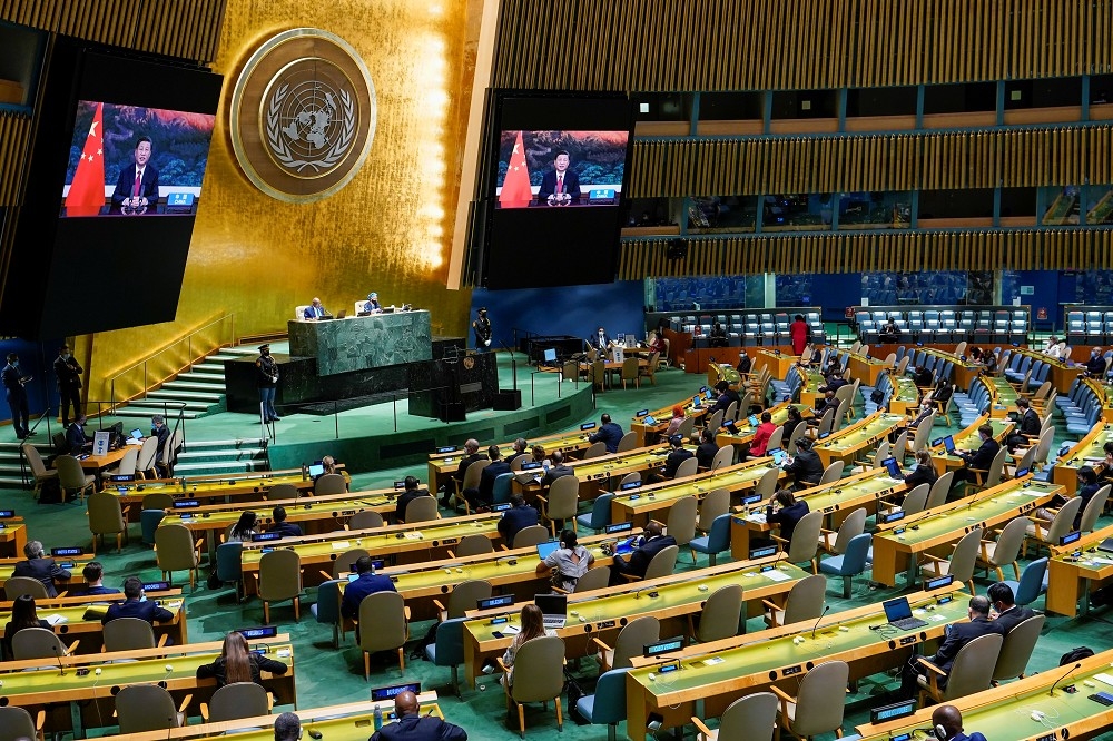 習近平在76屆聯合國大會一般性辯論用視訊發布演說。（湯森路透）