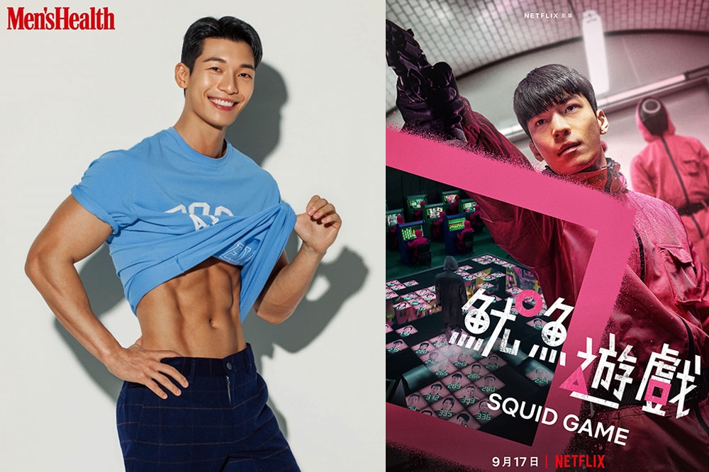 魏河俊因為演出《魷魚遊戲》大受歡迎（右圖），近來頂著陽光笑容登上健身雜誌（左圖），展露好身材。（ 取自Netflix、menshealth__korea@instagram.com）