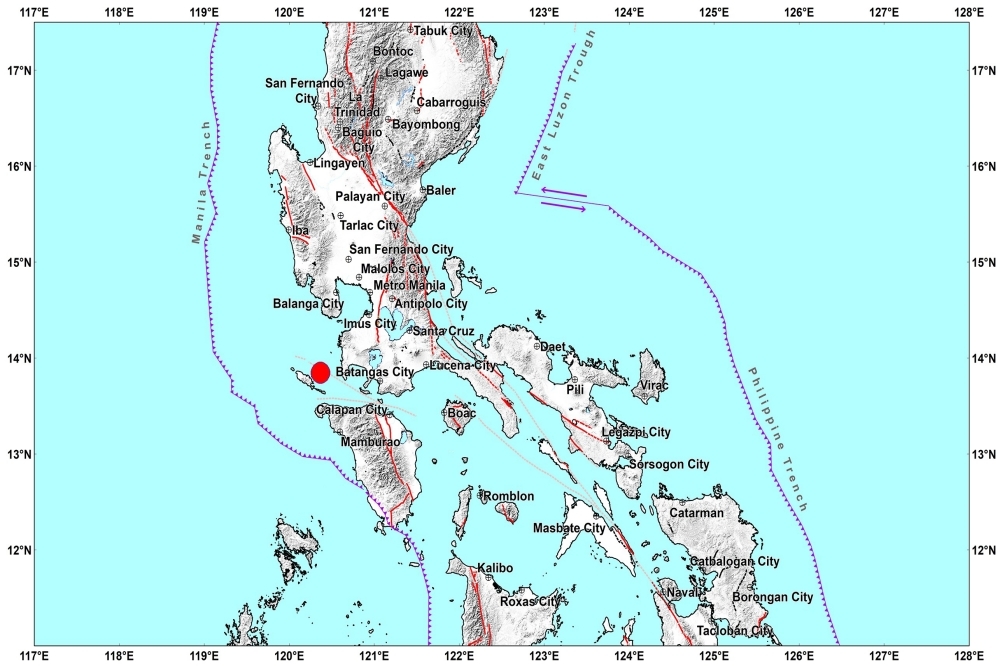 菲律賓凌晨發生規模5.7地震，震央位於馬尼拉以南的西民都洛省。（取自菲律賓火山和地震研究所）
