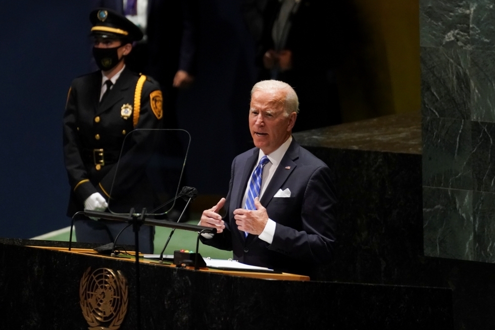 美國總統拜登在聯合國大會演說。（湯森路透）