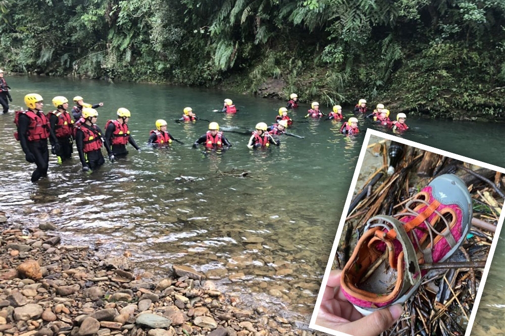 搜救人員日前僅發現劉小妹妹留下的鞋子（小圖），到了21日下午終於傳出遺體尋獲消息。（合成畫面／新北消防局、侯友宜臉書）