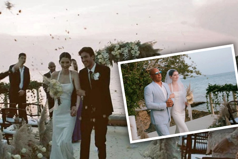已故男星保羅沃克的女兒梅朵沃克結婚（大圖），馮迪索代替好友保羅在婚禮牽著梅朵的手入場（小圖）。（取自meadowwalker IG）