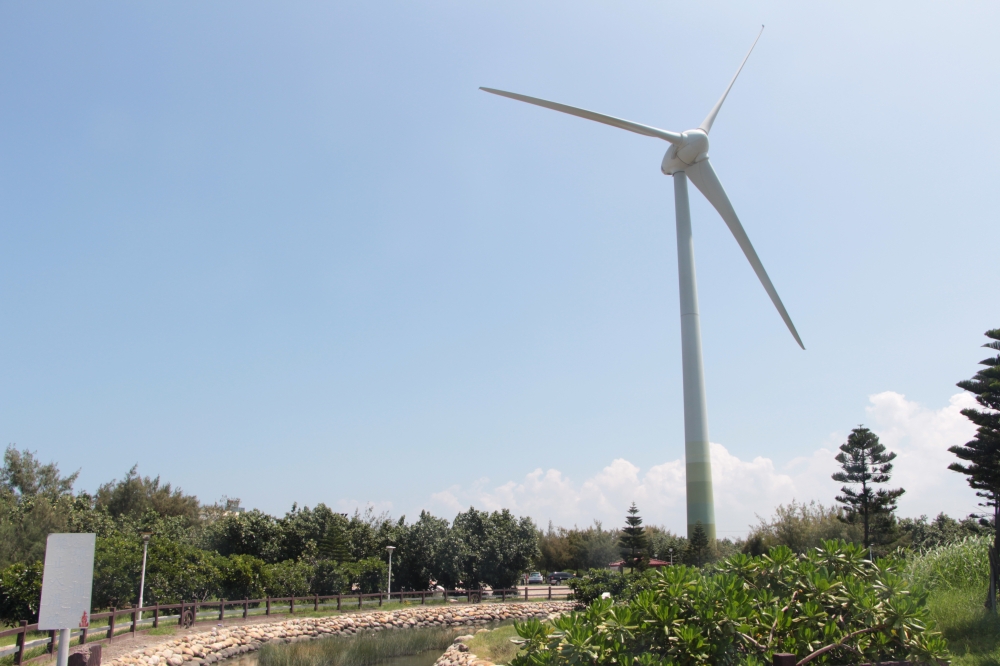 台中大安龜殼生態公園內設有風機，現在成為熱門景點。（邱家琳攝）