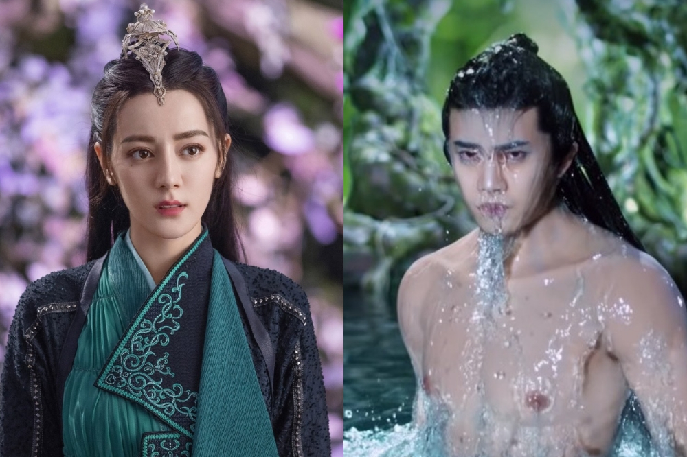 中國女星迪麗熱巴（左）重返奇幻劇，受到高度矚目，但男主角任嘉倫（右）的精實身材卻疑穿了道具肌肉衣。（左取自「馭鮫記」官方微博，右翻攝自預告影片）