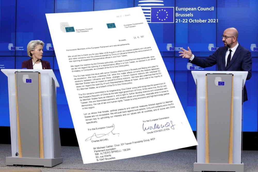 歐洲「福爾摩沙俱樂部」公布歐盟理事主席米歇爾（右）及歐盟執委會主席范德賴恩（左）聯名信函，反擊中國施壓。（合成畫面／湯森路透、取自推特）