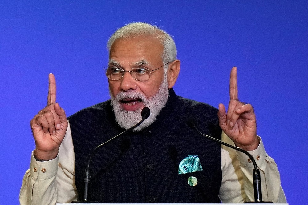 印度總理莫迪在格拉斯哥氣候峰會發言。（湯森路透）