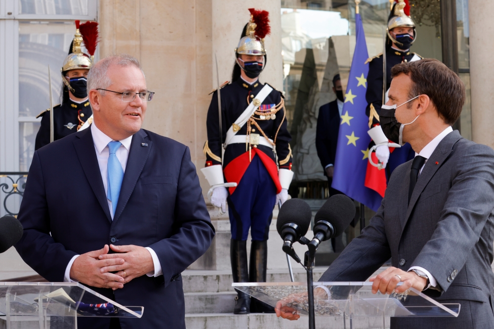 澳洲總理莫里森與法國總統馬卡洪。（湯森路透）