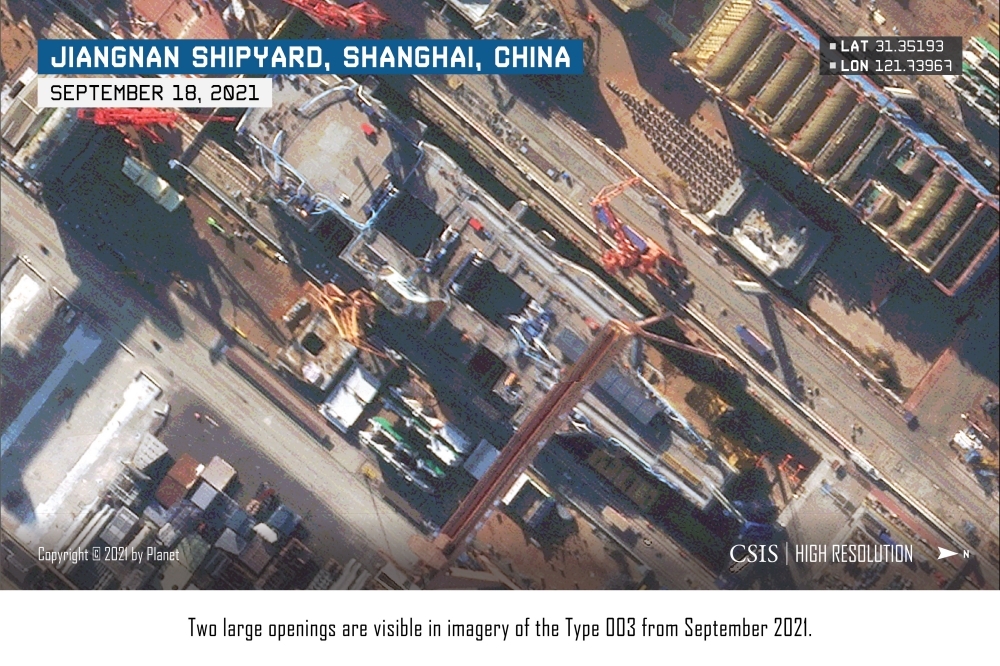 華府智庫CSIS從衛星影像分析中國最新國產航艦「003型航空母艦」接近完工。（翻攝自CSIS官網）