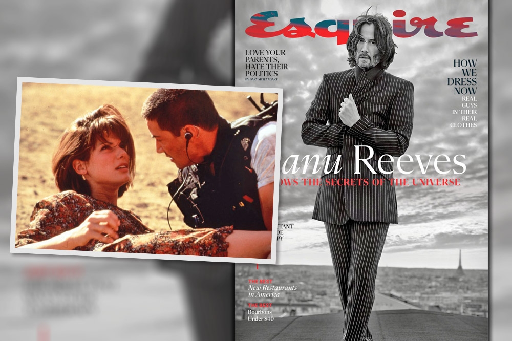 基努李維登上《Esquire》美國版雜誌封面人物，與他合作電影《捍衛戰警》（左圖）成為至交的影后珊卓布拉克，也回憶起兩人過往趣事。（左取自《捍衛戰警》，右取自Esquire官網）