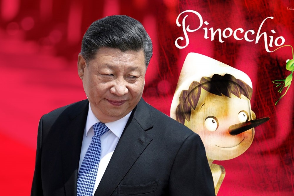 執政的中國共產黨就是一個「國際皮諾丘」，一個中國古老傳說中「放羊的孩子」。（圖片摘自湯森路透、網路。合成圖片）