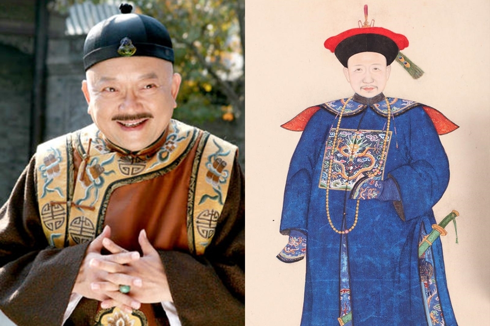 以飾演和珅聞名的中國男星王剛（左）和和珅畫像（圖片取自網路）