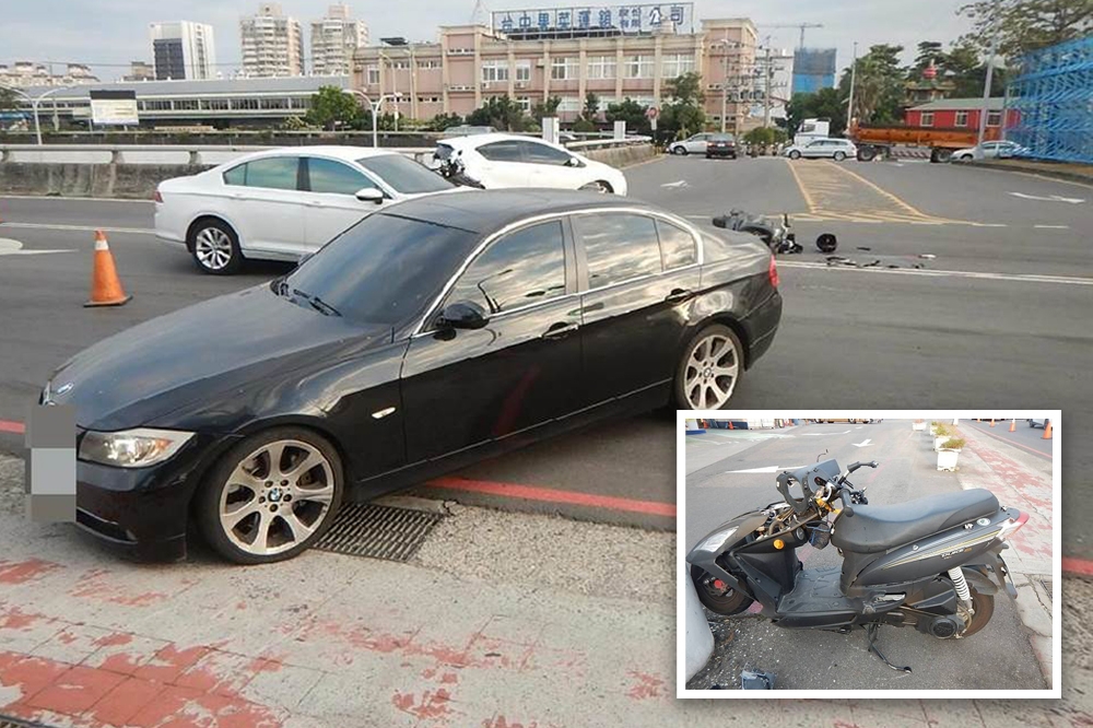 台中市1名員警，日前執勤時遭違規黑色BMW撞上身亡，據了解，該車是由當鋪購入，因此沒有保強制險，死者家屬無從求償。（合成畫面／讀者提供）