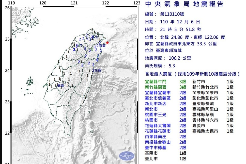 台灣各地震度分布圖。（中央氣象局提供）