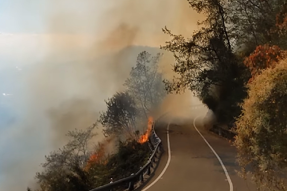 合歡山發生火燒山，導致台14甲線19.5K邊坡下方翠靜聯絡道路煙霧瀰漫。（擷自中橫路況交通資訊站臉書）