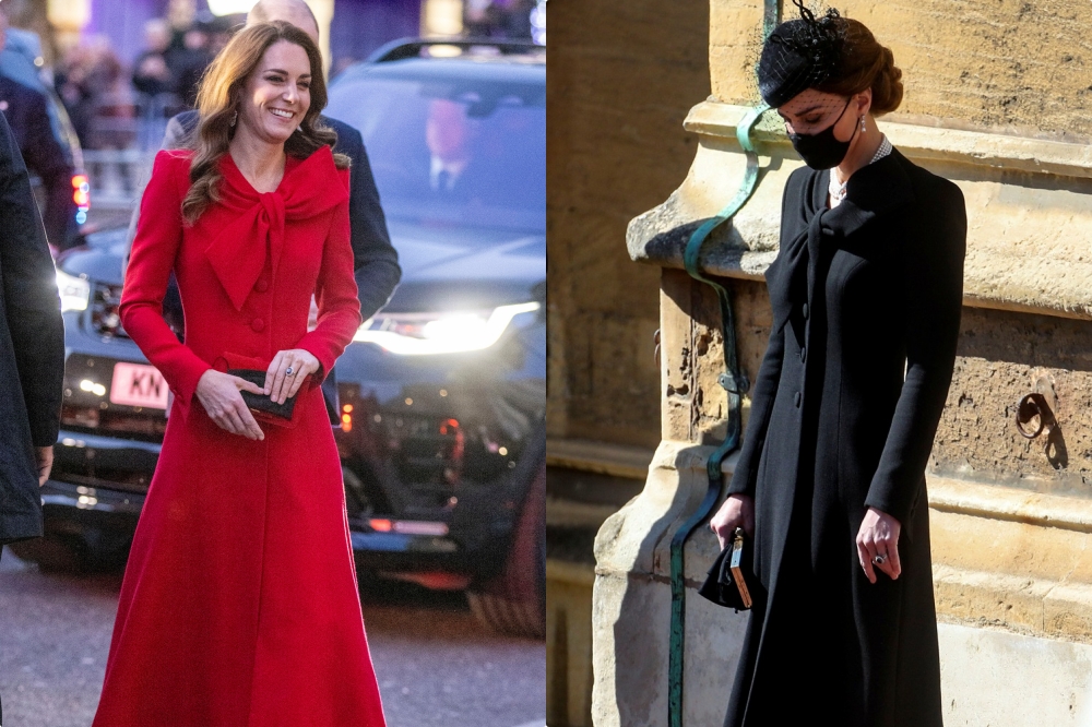 凱特王妃近日出席耶誕音樂會穿的紅色洋裝（左），與今年4月出席菲利普親王告別式（右）為相同款式。（湯森路透）