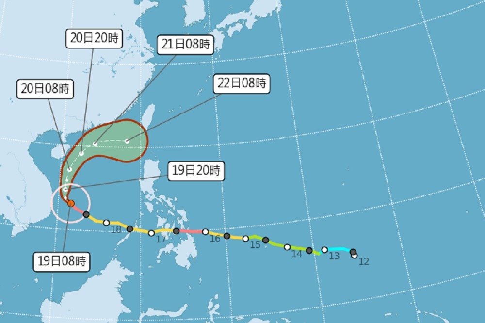 颱風「雷伊」回馬槍挾帶水氣通過台灣，20日起降雨機率大增。（擷自中央氣象局官網）