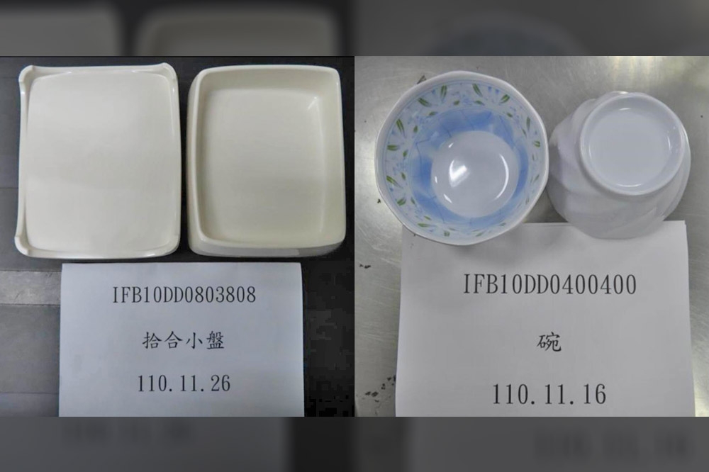 海底撈（左）、SUKIYA（右）自中國進口的美耐皿容器，檢驗出蒸發殘渣、三聚氰胺超標。（食藥署提供）