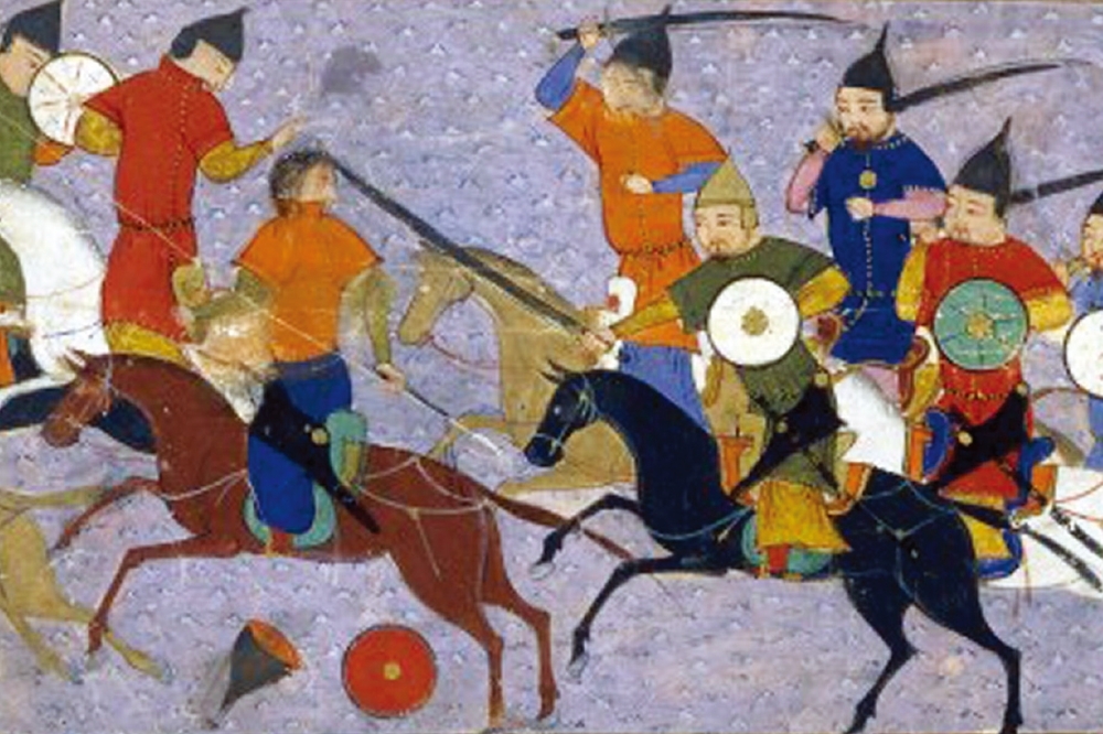 正以曲劍出擊的蒙古騎兵。蒙古品種的馬通常較小，速度也不是最快，但精力旺盛，能承受長時間的軍事行動（創意市集提供）