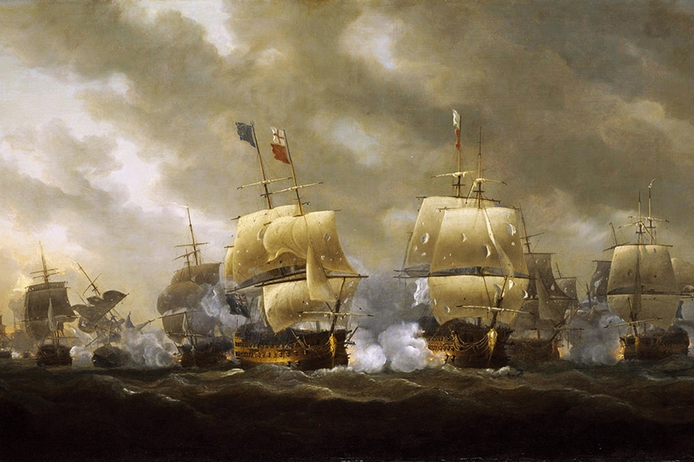 西元1759年11月20日,英法兩國的風帆戰艦在基伯龍灣從船舷開火，一決高下。藝術家忠實地畫出了船帆被加農砲射中後坑坑巴巴的模樣（創意市集提供）