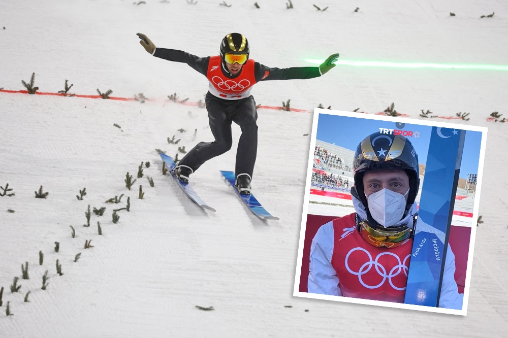 土耳其滑雪選手伊普奇奧盧佩戴的頭盔和藍色滑雪板引發討論。（上報製圖）