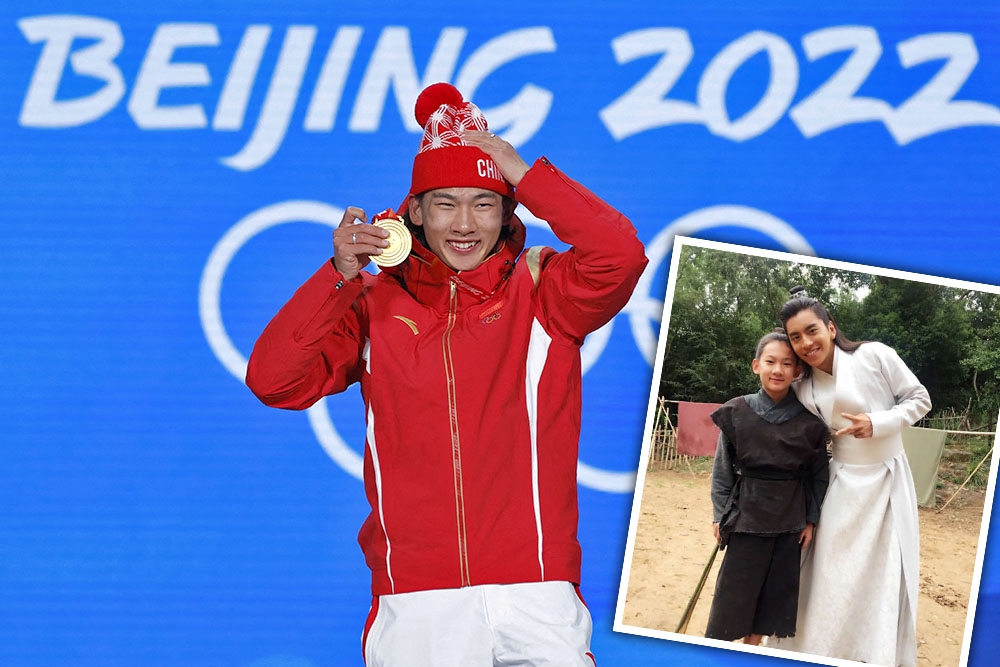 中國滑雪小將蘇翊鳴曾在《狼殿下》飾演六兒一角，他在冬奧奪牌後，王大陸在微博貼出兩人拍攝時的合影祝賀（小圖），卻被批蹭熱度。（湯森路透、微博）