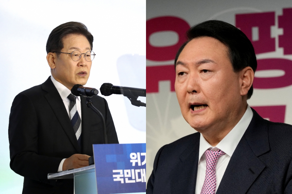 南韓將在3月9日進行總統大選，民調領先的兩人：執政黨代表李在明（左）與前檢察長尹錫悅。（湯森路透）