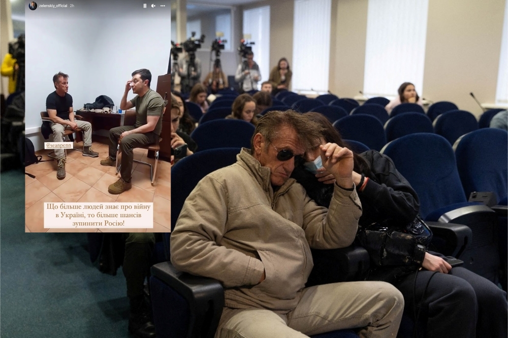 西恩潘前進烏克蘭拍攝紀錄片，昨出現在該國總統府的媒體簡報會上，總統澤連斯基也在IG限動分享與他會面的情況。（取自湯森路透、IG）