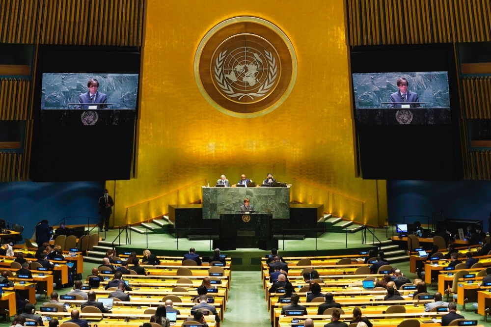 聯合國針對俄羅斯入侵烏克蘭緊急召開大會，歷經3日的各國發言。（美聯社）