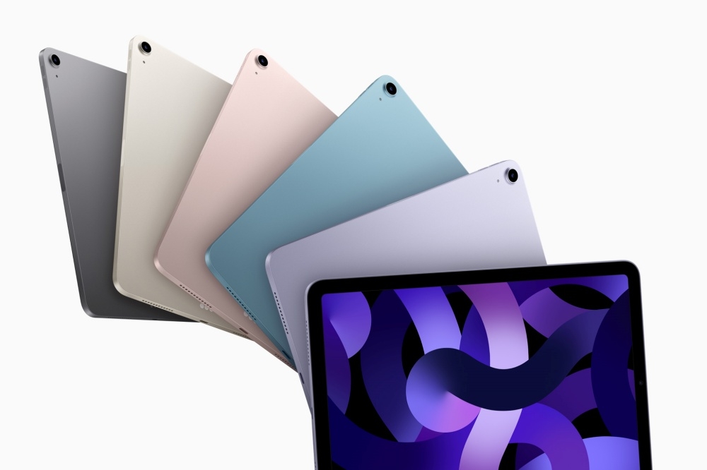 iPad Air 提供太空灰色、星光色、粉紅色、全新藍色、紫色。（Apple 提供）