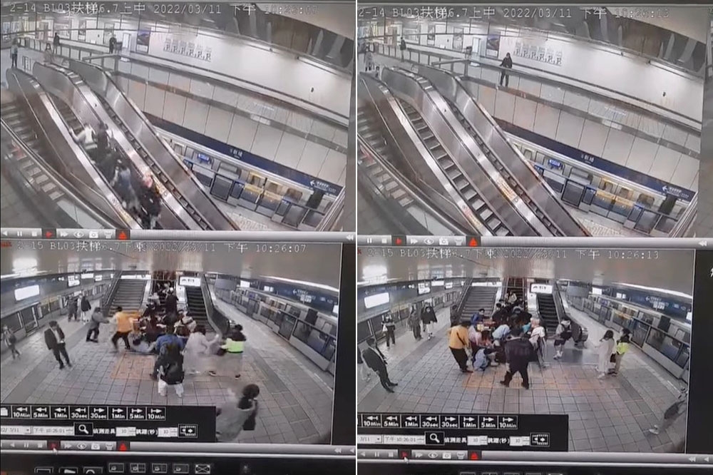 台北捷運新埔站11日因電扶梯異常導致旅客跌傷，北捷15日說明調查進度。（合成畫面／取自報廢公社社團）