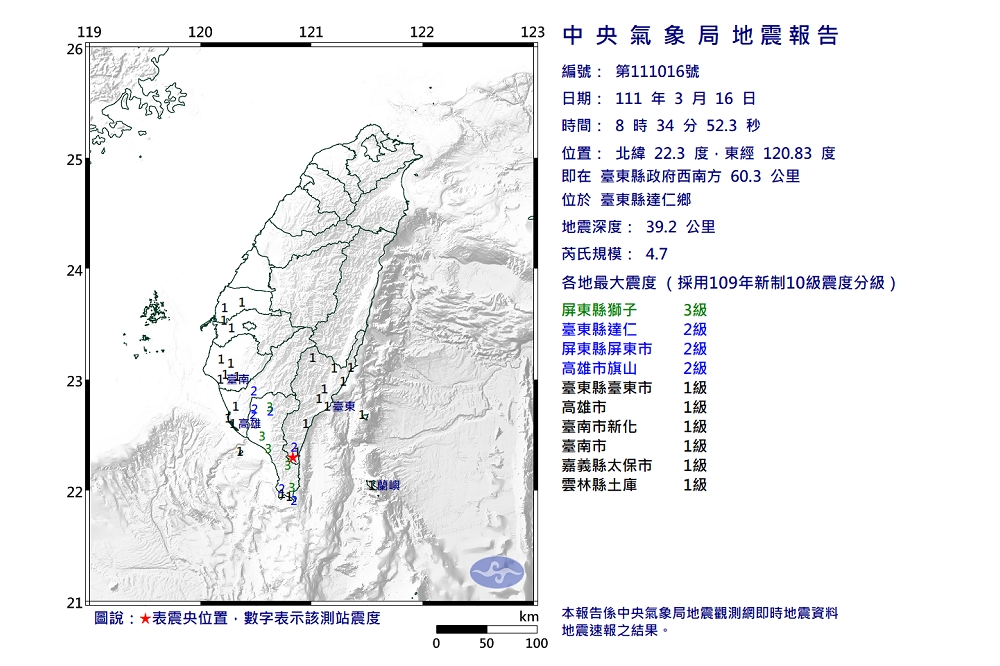 中央氣象局16日上午8點34分針對台東縣發布地震報告。（氣象局提供）