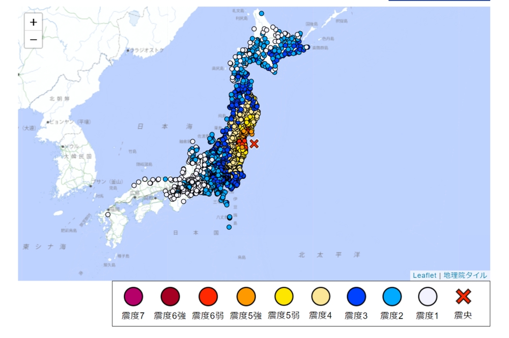 日本福島外海發生規模7.3強震。（圖片擷取自日本氣象廳）