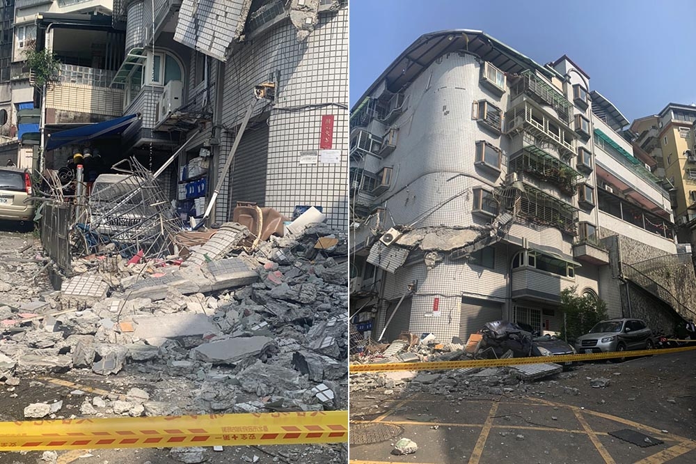 台北市文山區再興社區一處外牆突然崩落，巨大聲響嚇壞附近居民。（翻攝畫面）