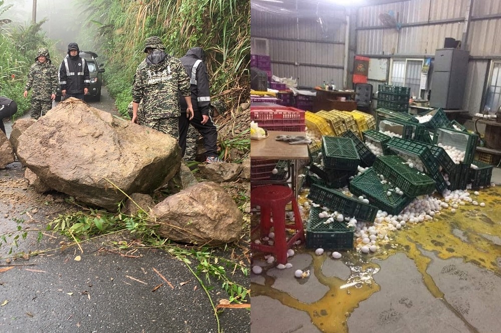今天凌晨發生的花東地震造成豐濱鄉一處道路落石坍塌（左），以及一處倉庫雞蛋碎一地（右）。（合成照片／讀者提供、翻攝自爆料公社）