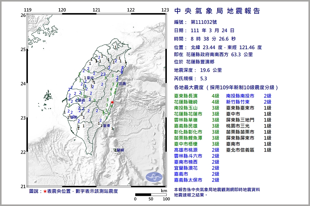 中央氣象局公布24日早上8點38分在花蓮豐濱鄉發生芮氏規模5.3地震。（取自中央氣象局臉書）