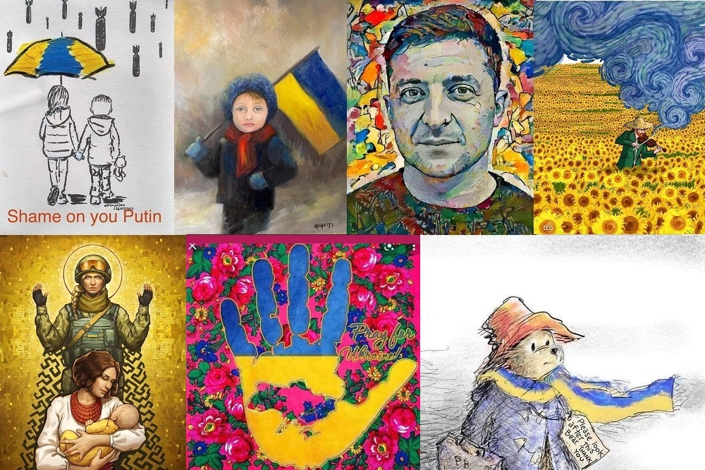 俄羅斯入侵烏克蘭，有許多聲援烏克蘭的插畫、塗鴉、藝術品競相出現在各大社群網路。（合成照片／圖片取自網路）