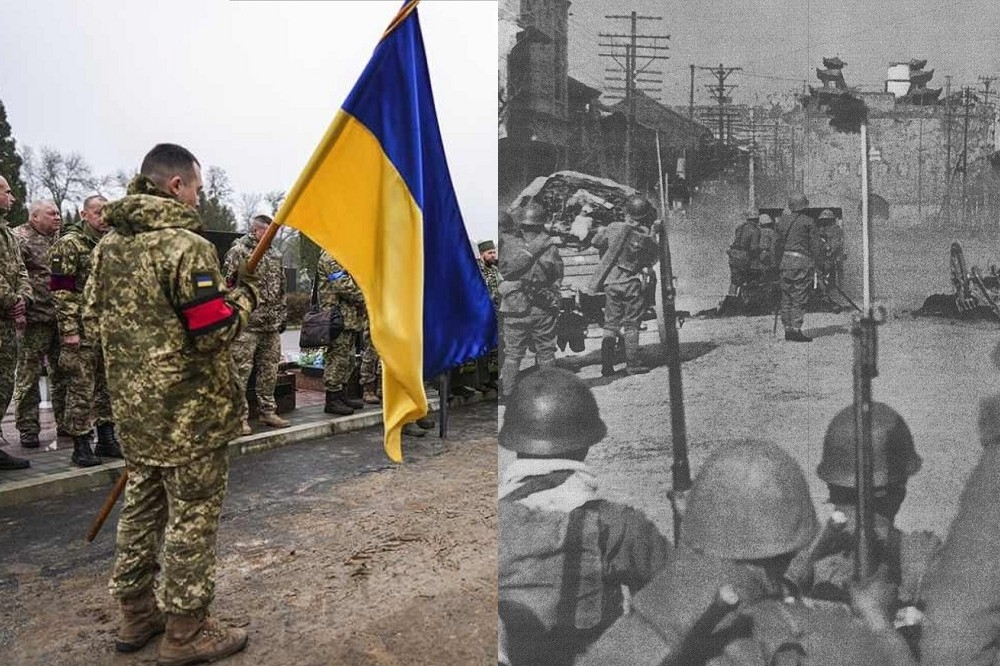 烏克蘭總統與首都基輔市長與部隊共同保衛基輔，抵擋超過一個月，對照1937年的南京包圍戰實為天差地別。（合成照片／美聯社／維基百科）