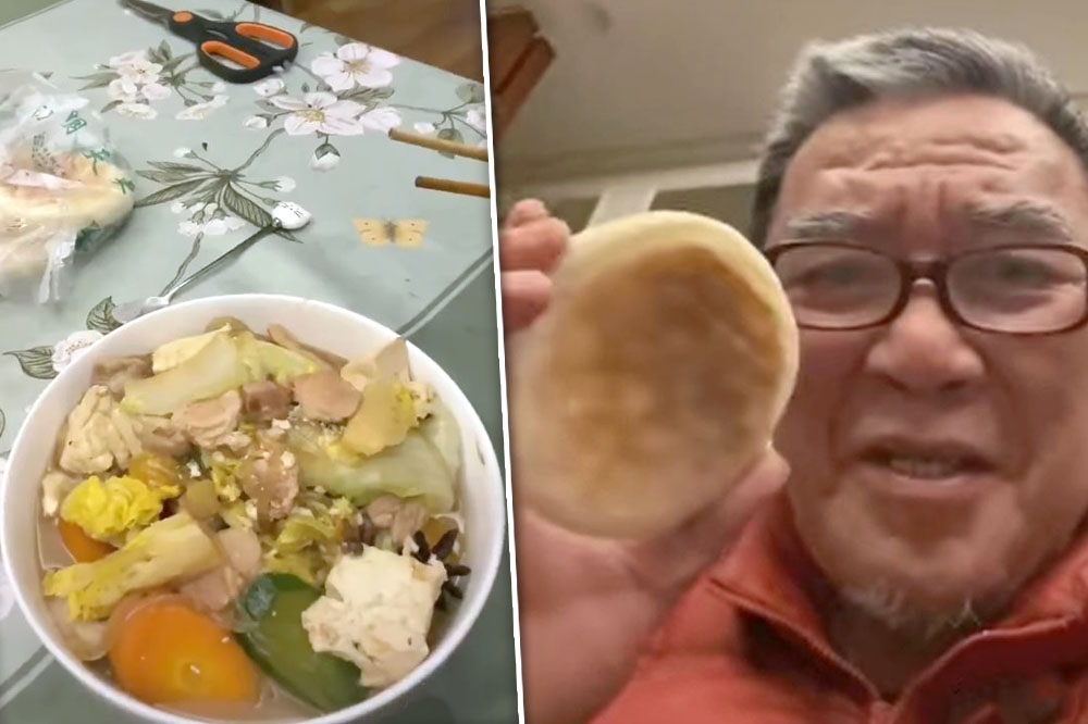 70歲的李立群在抖音曝上海隔離生活，並秀出「夾饃」（右圖）及團購燉煮的鍋物。（合成畫面／擷自李立群抖音）