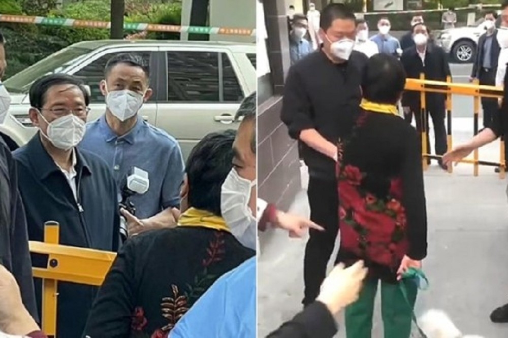 上海市委書記李強（左圖左）視察社區時，遭婦人痛批。 （取自推特）