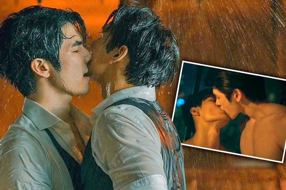 泰國BL劇《黑幫少爺愛上我》播出後大受歡迎，戲迷期待已久的床戲首度曝光，兩位男主角裸身擁吻（小圖），尺度之大造成轟動。（愛奇藝國際站提供）