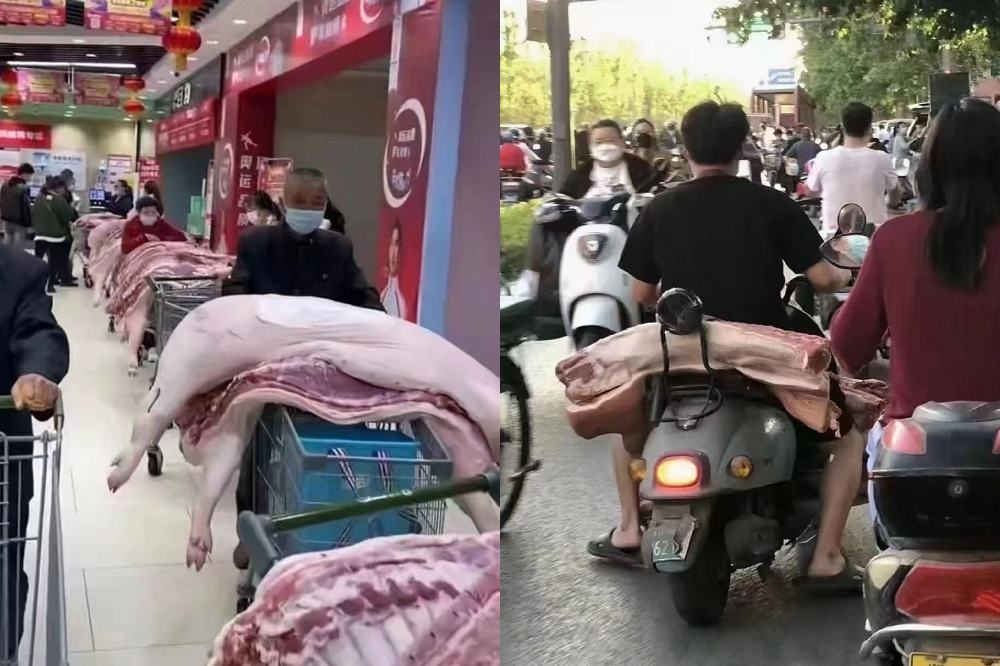 鄭州民眾直接把半隻豬或整隻豬搬回家。（取自微博）