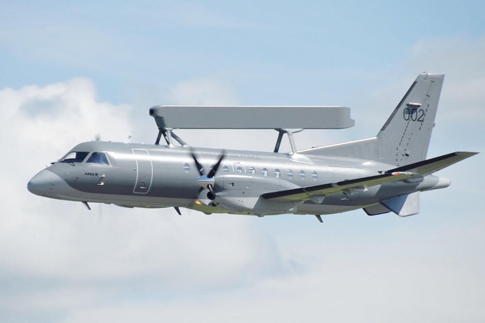 台灣空軍或可爭取瑞典原裝最新版的GlobalEye機載預警雷達與控制（AEW&C）空中預警機。圖為Saab340 AEW&C空中預警機。（圖片摘自維基百科）
