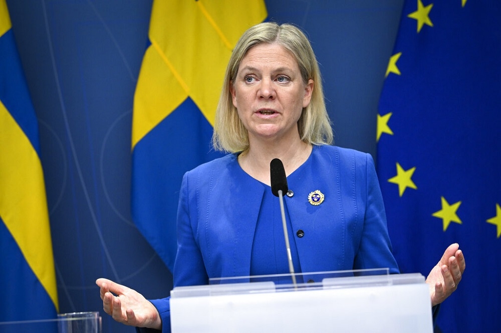 瑞典總理安德森16日正式宣布申請加入北約。（美聯社）