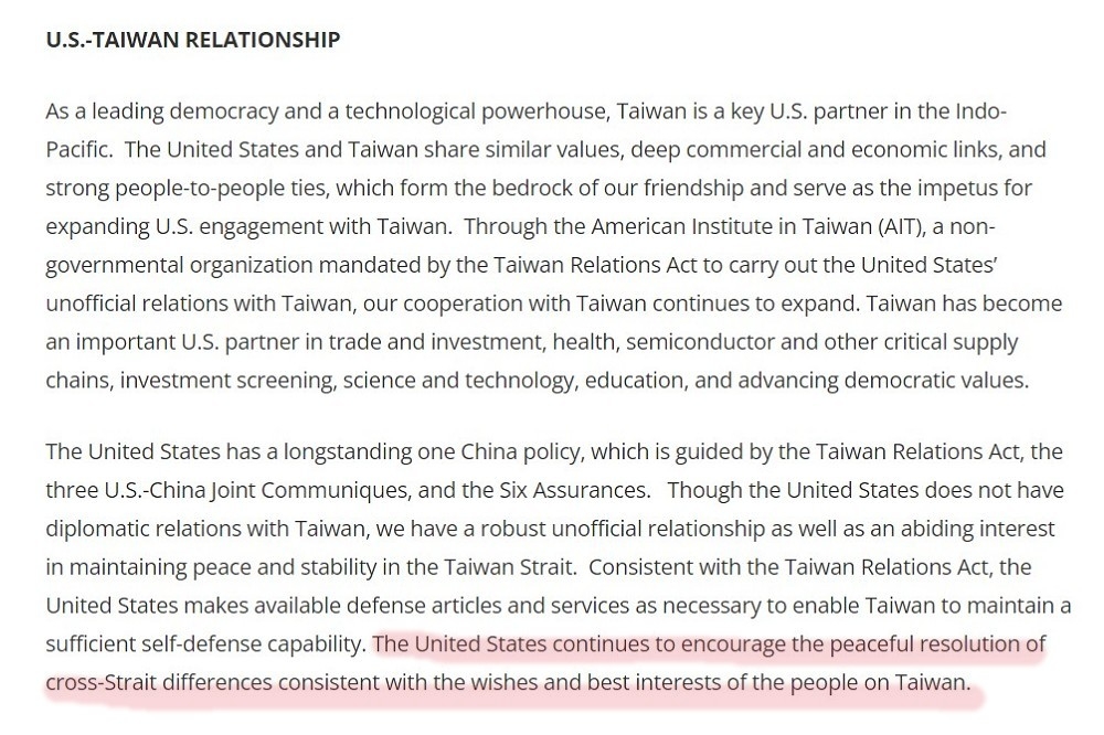 美國國務院新版美台關係事實清單寫到：「美國持續鼓勵和平解決兩岸分歧，並與台灣人民的期望和最佳福祉一致。」（圖片擷取自美國國務院網站）