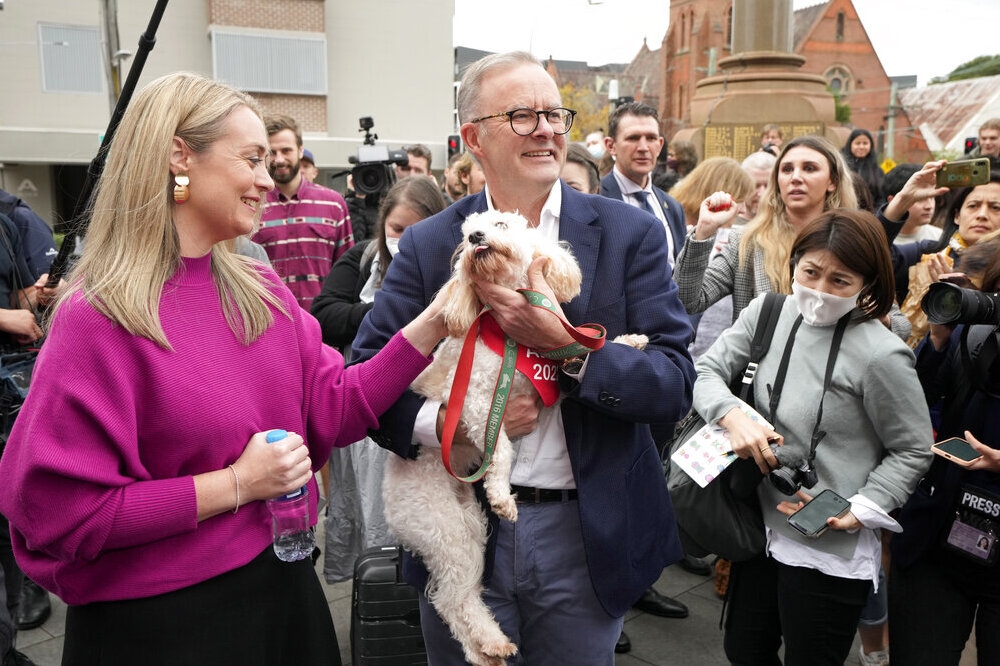 艾班尼斯夫婦帶著寵物狗走出雪梨投票所。（美聯社）