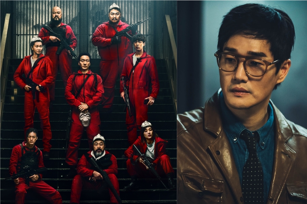 劉智泰（右圖）在《紙房子：韓國篇》飾演戰略家「教授」，率領旗下8位具有不同個性、能力的奇人異士組成強盜集團（左圖），進行一場世紀終極搶案！（Netflix提供）
