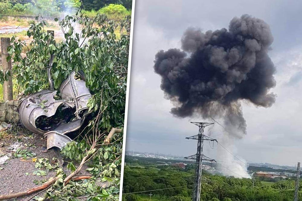 AT-3教練機墜毀高雄岡山一帶，沖天的黑煙從遠方都輕易可見。（翻攝畫面）