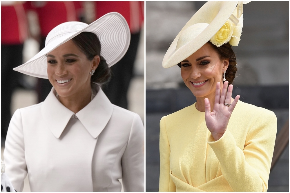 近日正逢英國女王登基70周年，梅根（左）與凱特王妃妯娌間的時尚穿搭，再度成為網友關注焦點。（美聯社）