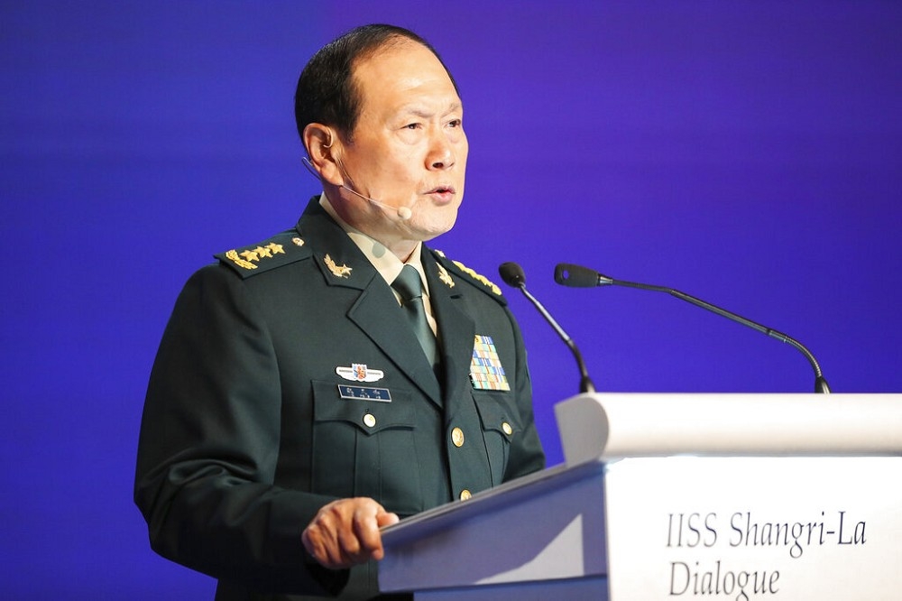 中國國防部長在新加坡香格里拉對話發表大會演說。（美聯社）