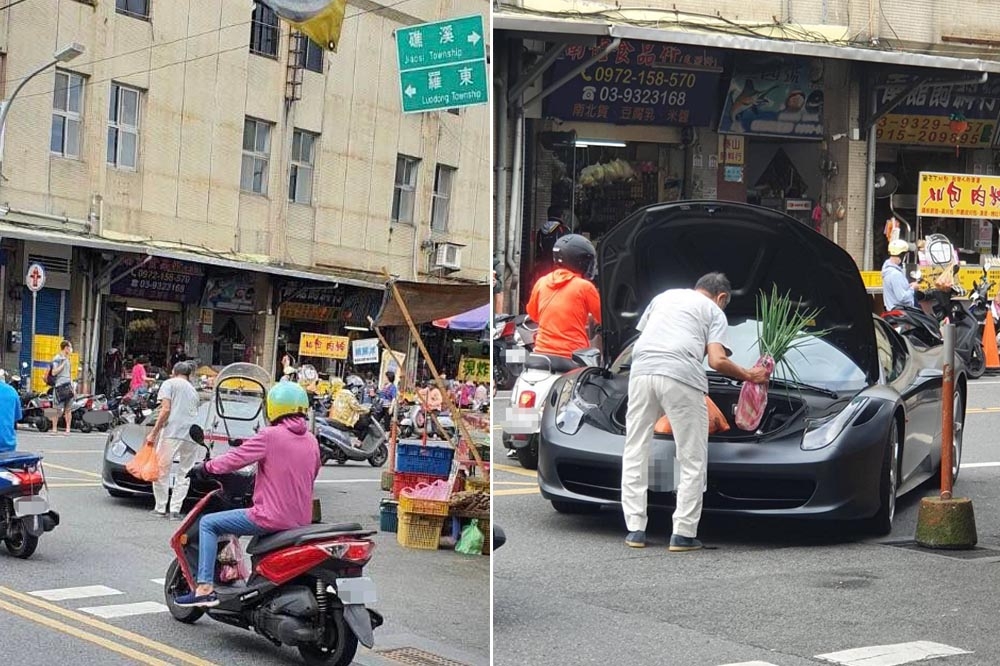 宜蘭一名男子將法拉利逆向違停在路口只為買菜，引起路人及騎士的注目。（擷取自臉書波蘿日報粉絲團）
